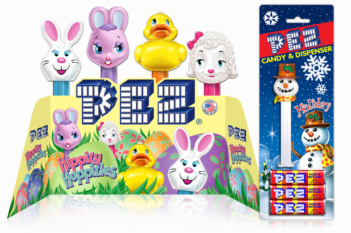 PEZ package and product illustration for Hippity Hoppities and Christmas Holiday PEZ.  Designed and illustrated by Joe Lacey.