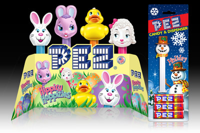 PEZ • Package illustration, product art and logo designs by illistrator Joe Lacey. PEZ Hippity Hoppities. Easter rabbit, bunny, duck, lamb.