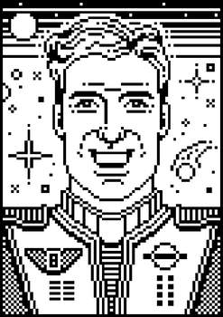 Pixel illustration of artist and illustrator Joe Lacey dressed in a sci-fi space suit.