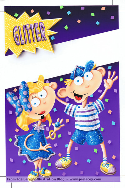 Glitter Silly Putty airbrush painting. Silly Putty package and character design by illustrator Joe Lacey.