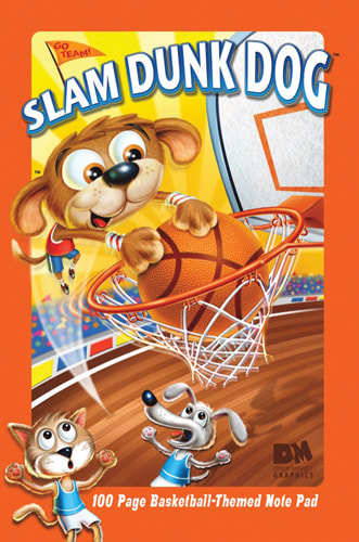 Slam Dunk Dog 100 page lined notebook with basketball terms and pictures from start to finish.