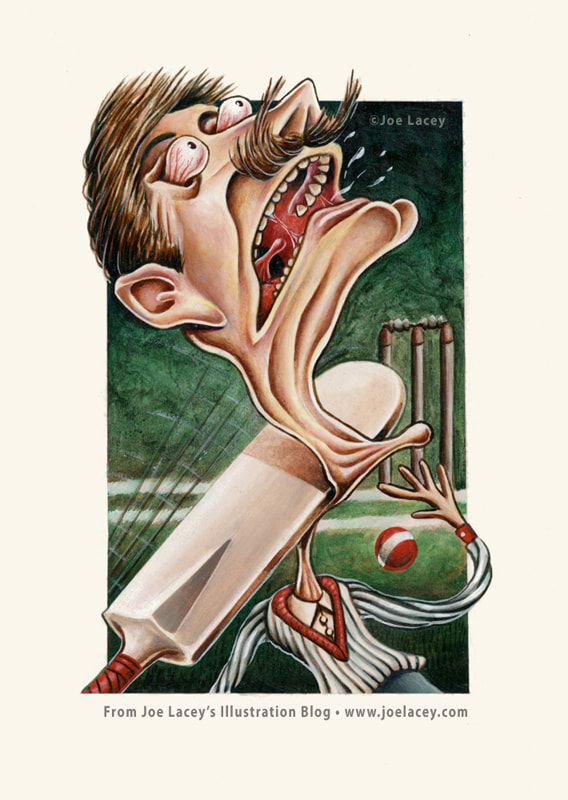 Humorous illustration of man being hit in neck with a cricket bat.