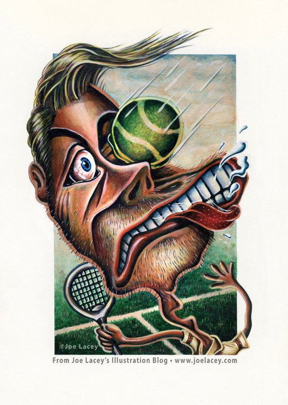 Humorous illustration of man being hit in the eye with a tennis ball.