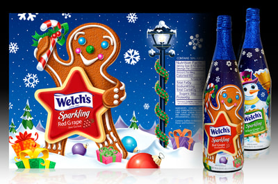 Welch's • Sparkling Red Grape Juice. Package art and character design. Holiday Christmas package and gingerbread man character illustration by Joe Lacey.