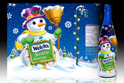 Welch's • Sparkling White Grape Juice. Package art and character design. Holiday Christmas package and snowman character illustration by Joe Lacey.