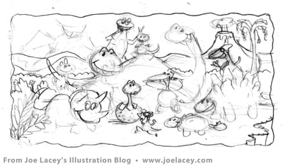 Crayola Kids Magazine activity game “What’s Different” dinosaurs by illustrator Joe Lacey.
 Rough thumbnail sketch.