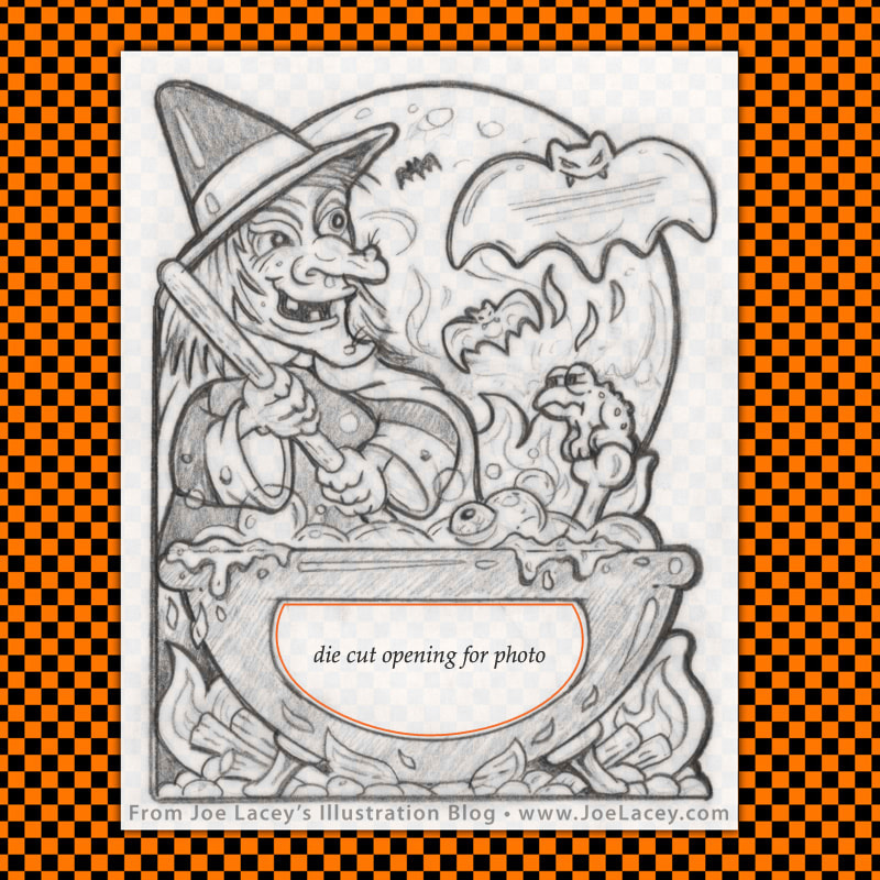 Wilton Halloween Scrapbook Witch and Cauldron pencil sketch by illustrator Joe Lacey